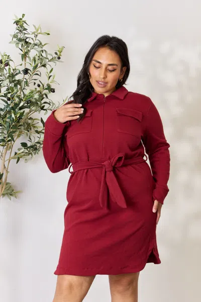 Truedames Culture Code Full Size Tie Front Half Zip Long Sleeve Shirt Dress In White