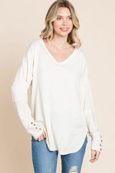 Truedames Culture Code Full Size V-neck Dropped Shoulder Blouse In White