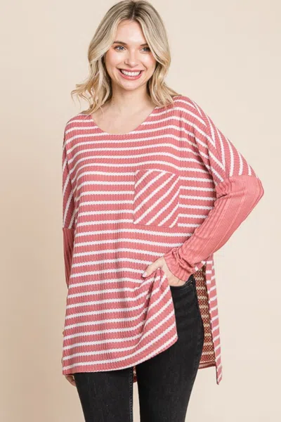 Truedames Culture Code Oversize Striped Round Neck Long Sleeve Slit T-shirt In Multi