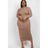 Truedames Curvy Plus Size Ruched Long Sleeve Midi Dress In Neutral