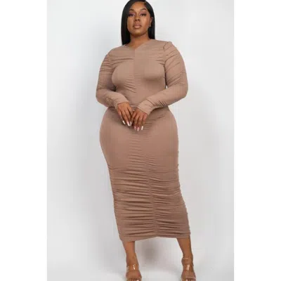 Truedames Curvy Plus Size Ruched Long Sleeve Midi Dress In Neutral