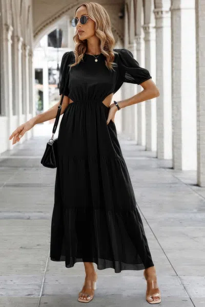 Truedames Cut Out Waist Ruffle Hem Puff Sleeves Fit Dress In Black