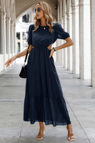 Truedames Cut Out Waist Ruffle Hem Puff Sleeves Fit Dress In Blue