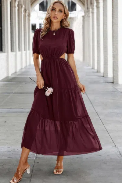 Truedames Cut Out Waist Ruffle Hem Puff Sleeves Fit Dress In Purple