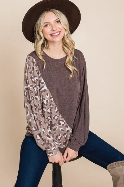Truedames Cute Animal French Terry Brush Contrast Print Pullover With Cuff Detail In Brown