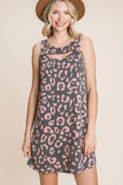 Truedames Cute Animal Print Cut Out Neckline Sleeveless Tunic Dress In Black