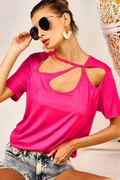 Truedames Cutout Asymmetrical Neck Short Sleeve T-shirt In Pink
