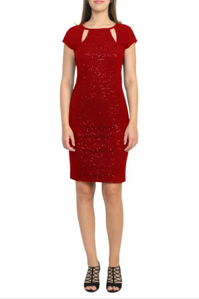 Truedames Cutout Crew Neck Cap Sleeve Sheath Zipper Back Lace Panel Crepe Dress In Red
