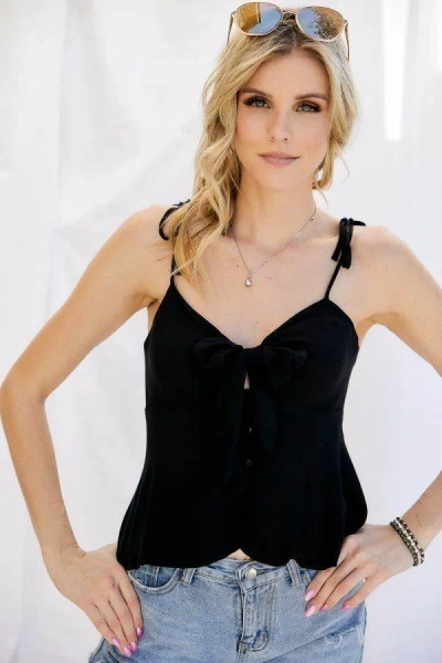 Truedames Cutout Detail Ruched Twist Bow Sweetheart Neckline Smocked Back Ribbon Tie Spaghetti Strap Cami Top In Black
