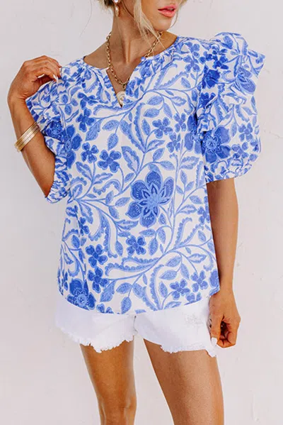 Truedames Dark Blue Floral Print Ruffled Bubble Sleeve Blouse