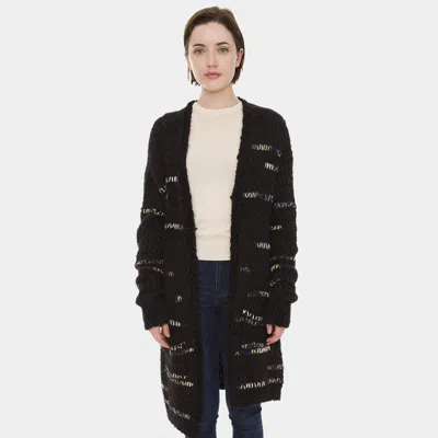 Truedames Dark Color Stripe Solid Long Sleeve Pockets Cardigan In Black