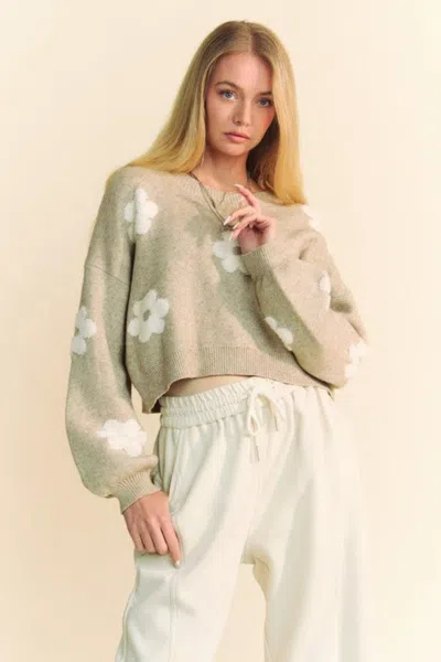 Truedames Davi & Dani Floral Drop Shoulder Cropped Sweater In Neutral