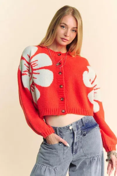 Truedames Davi & Dani Flower Contrast Round Neck Long Sleeve Cardigan In Orange