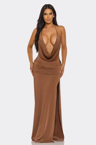 Truedames Deep Cowl Halter Maxi Dress With Ruched Waist In Brown
