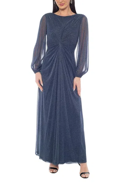 Truedames Deep Navy Soft Cowl Neckline V-back Long Sheer Bishop Sleeves Zipper Closure Middle Twist A-line Max In Blue