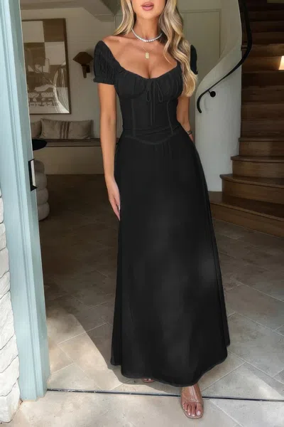 Truedames Deep Square Neck Drawstring Back Fit Dress In Black