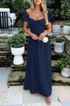 Truedames Deep Square Neck Drawstring Back Fit Dress In Blue