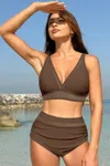Truedames Deep V Lace Trim Two Pieces Sleeveless Swimsuit In Green