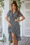 Truedames Deep V Neck Floral Boho Ruffle Short Sleeve Dress In Black