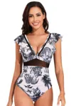 Truedames Deep V Neck Ruffle Color Block Lace Swimsuit In Black