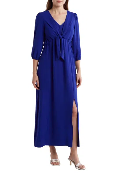 Truedames Deep V-neckline 3/4 Sleeves Waist Tie Maxi Dress In Blue