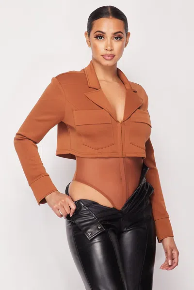 Truedames Deep-v Cropped Power Shoulder Blazer Bodysuit In Brown