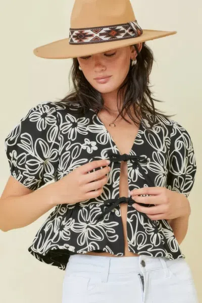 Truedames Denim Embroidered Crop Top With Front Tie Detail In Multi
