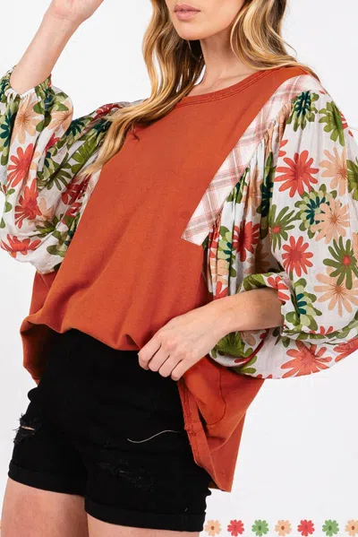 Truedames Desert Floral Puff Sleeve Patchwork Round Neck Blouse In Multi