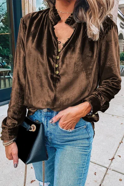 Truedames Desert Palm Frilled Neck Buttoned Front Velvet Top In Multi