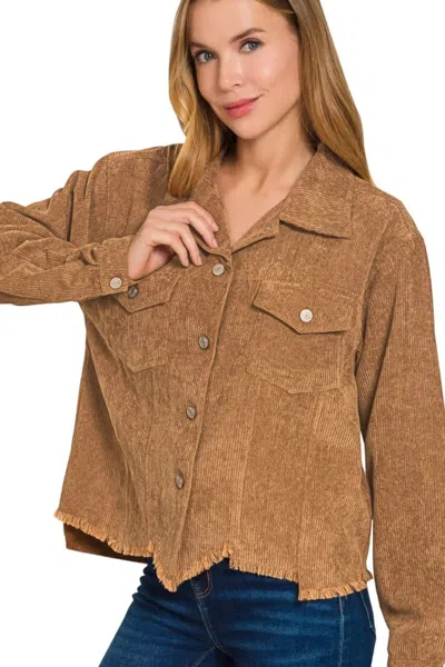 Truedames Distressed Corduroy Frayed Hem Cropped Jacket In Brown