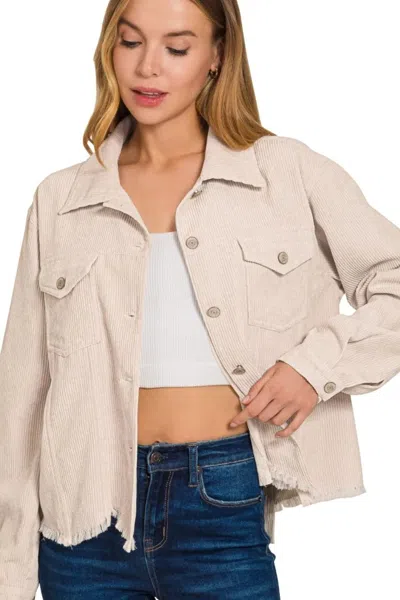 Truedames Distressed Corduroy Frayed Hem Cropped Jacket In Neutral