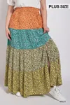 Truedames Ditsy Floral Color Block Skirt With Front Slit In Multi