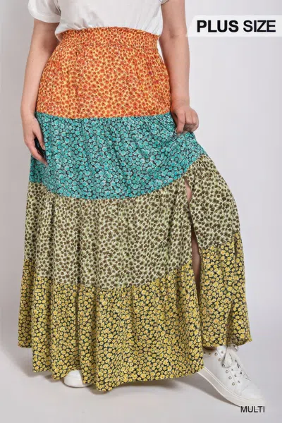 Truedames Ditsy Floral Color Block Skirt With Front Slit In Multi