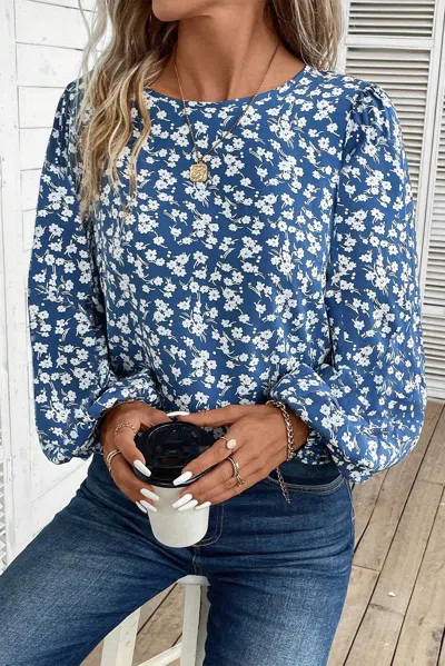 Truedames Ditsy Floral Print Lantern Sleeve Blouse In Blue