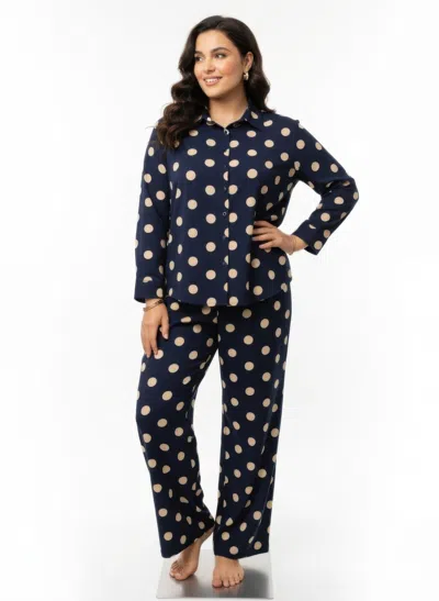 Truedames Dot Button-up Top & Wide Leg Pants Set In Blue