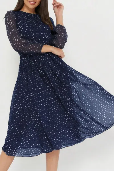 Truedames Dot Print Lantern Sleeve Belted Midi Dress In Blue
