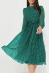 Truedames Dot Print Lantern Sleeve Belted Midi Dress In Green