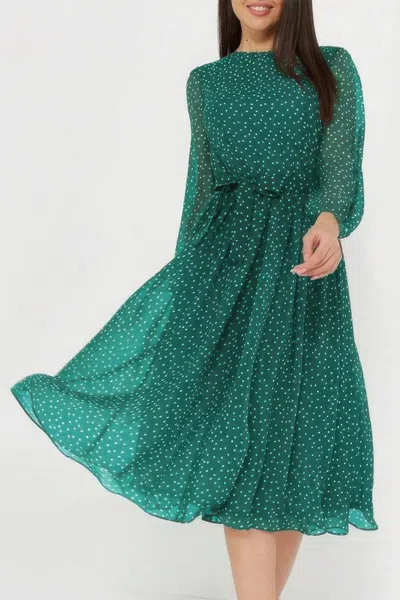 Truedames Dot Print Lantern Sleeve Belted Midi Dress In Green