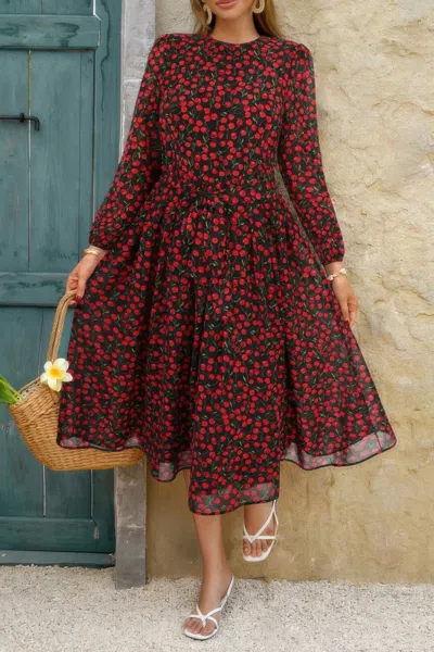 Truedames Dot Print Lantern Sleeve Belted Midi Dress In Multi