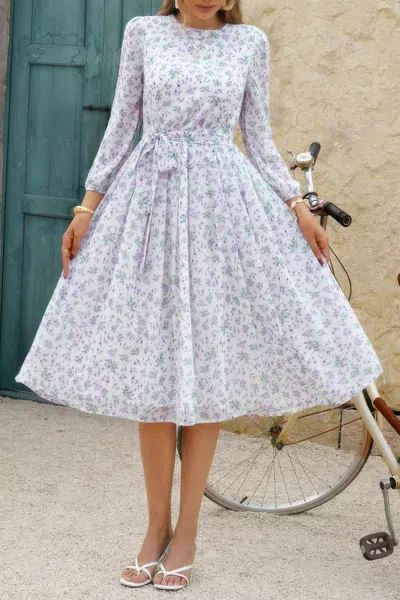 Truedames Dot Print Lantern Sleeve Belted Midi Dress In Purple