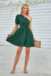 Truedames One Shoulder Polka Dot Puff Sleeve Ruffle Dress In Green
