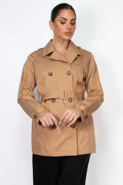 Truedames Double-breasted Notch Belted Coat In Brown