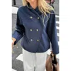 Truedames Double Breasted V Neck Trench Long Sleeve Coat In Blue
