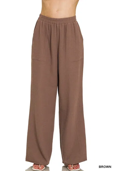 Truedames Double Gauze Elastic Band Pants In Brown