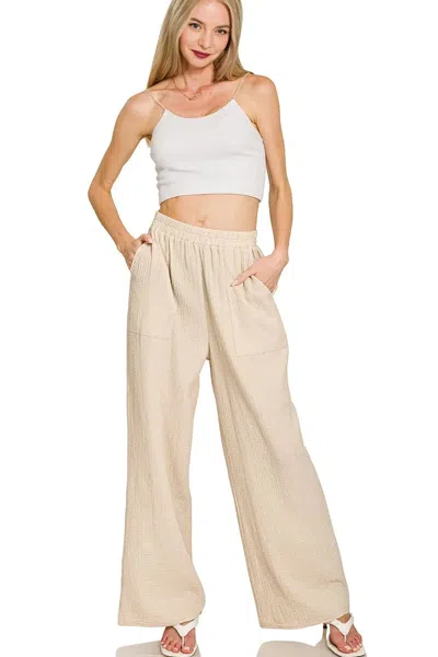 Truedames Double Gauze Elastic Band Pants In Neutral