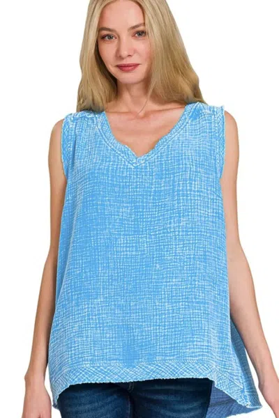 Truedames Double Gauze Raw Edge Acid Washed Tank In Blue