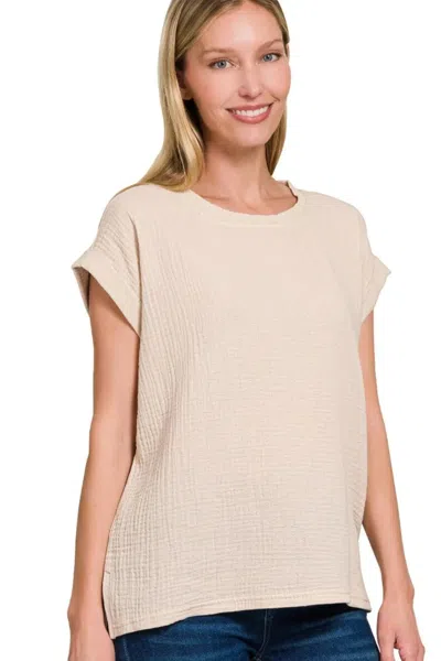Truedames Double Gauze Round Neck Folded Short Sleeve Top In Black