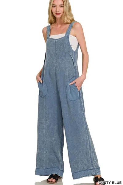 Truedames Double Gauze Washed Wide Leg Overalls In Blue