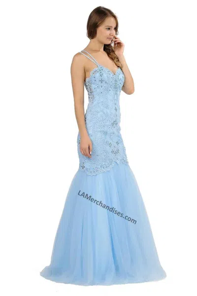 Truedames Double Straps Embroidered Long Mermaid Dress In Blue