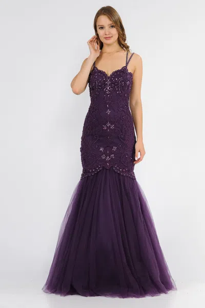 Truedames Double Straps Embroidered Long Mermaid Dress In Purple